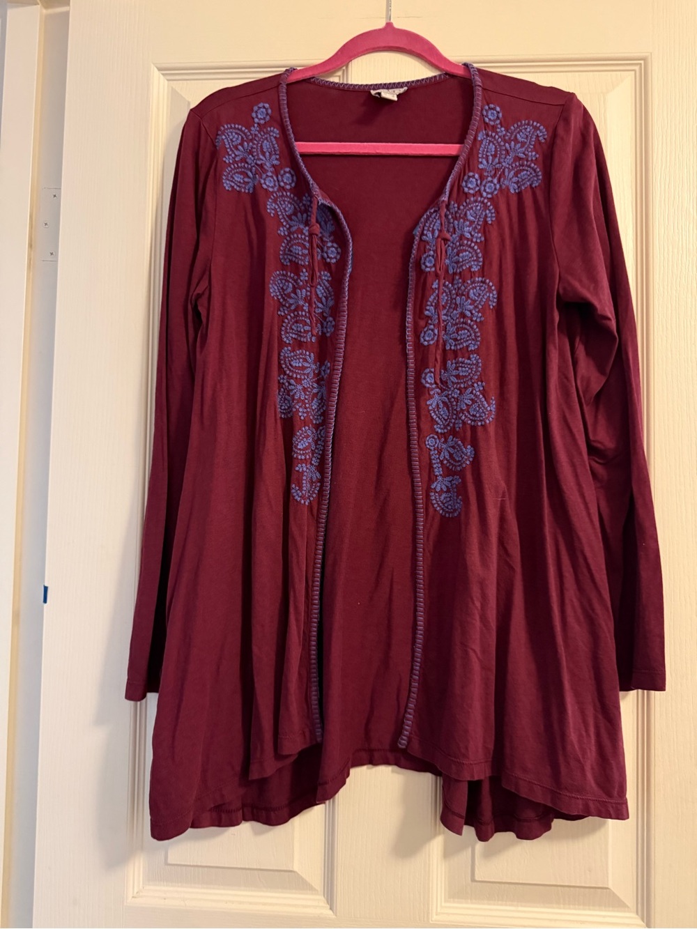 LOGO by Lori Goldstein Burgundy Open-Front Cardigan with Blue Embroidery